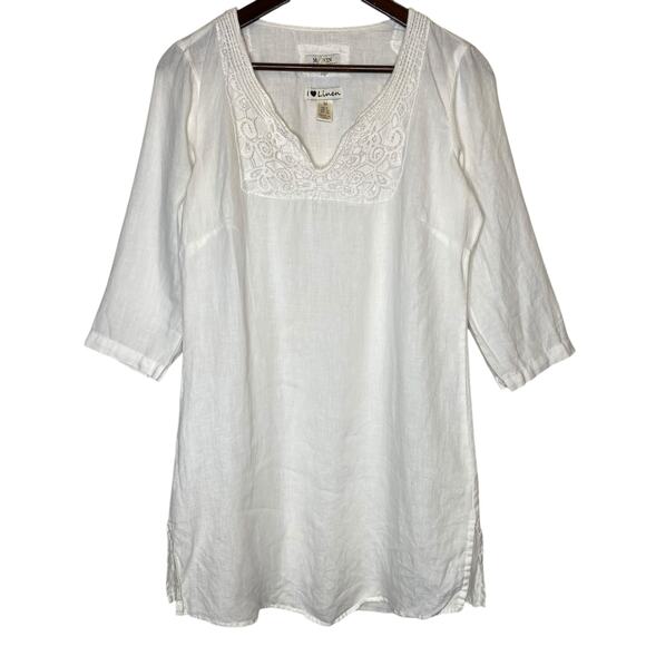 Malvin Hamburg Germany 100%% Linen Tunic Mini Dress White Lagenlook size Medium - Picture 1 of 5